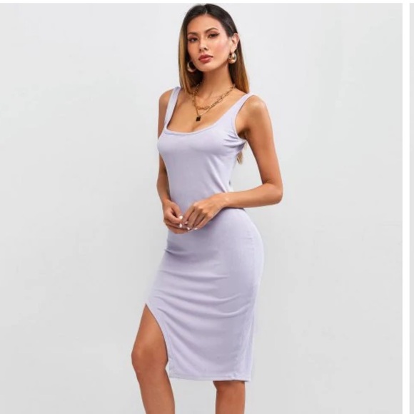 Ribbed Uneven Hem Bodycon Tank Dress - Lavender - Picture 4 of 4